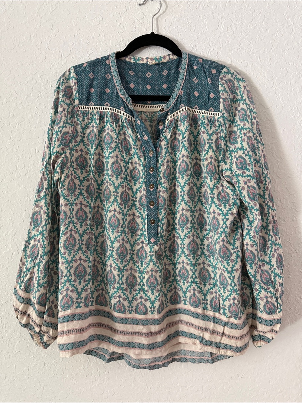 Spell Oracle Sage Teal & Cream Printed Boho Blouse - L - Picture 2 of 4
